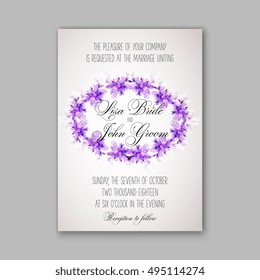 Romantic pink peony bouquet bride wedding invitation template design. Winter Christmas wreath of pink flowers and pine and fir branches. Ribbon