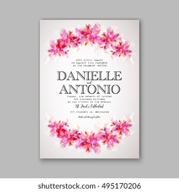 Romantic pink peony bouquet bride wedding invitation template design. Winter Christmas wreath of pink flowers and pine and fir branches. Ribbon