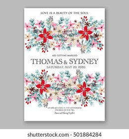 Romantic pink peony bouquet bride wedding invitation template design. Winter Christmas wreath of pink flowers and pine and fir branches. Ribbon mason jar