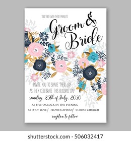 Romantic pink peony bouquet bride wedding invitation template design. Winter Christmas wreath of pink flowers and pine and fir branches. Ribbon mason jar