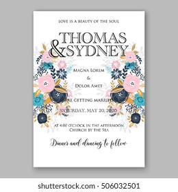 Romantic pink peony bouquet bride wedding invitation template design. Winter Christmas wreath of pink flowers and pine and fir branches. Ribbon mason jar