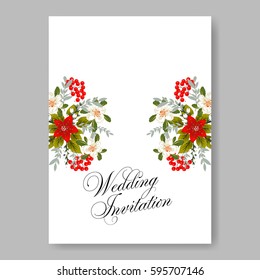Romantic pink peony bouquet bride wedding invitation template design. Winter Christmas wreath of pink flowers and pine and fir branches