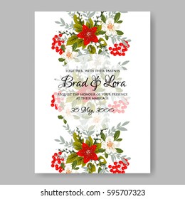 Romantic pink peony bouquet bride wedding invitation template design. Winter Christmas wreath of pink flowers and pine and fir branches