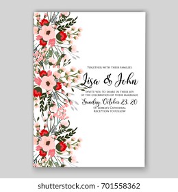 Romantic pink peony bouquet bride wedding invitation template design. Winter Christmas wreath of pink flowers and pine and fir branches. Ribbon