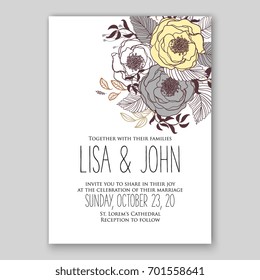 Romantic pink peony bouquet bride wedding invitation template design. Winter Christmas wreath of pink flowers and pine and fir branches. Ribbon