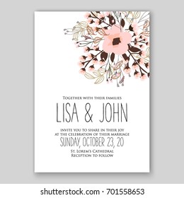 Romantic pink peony bouquet bride wedding invitation template design. Winter Christmas wreath of pink flowers and pine and fir branches. Ribbon