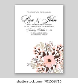 Romantic pink peony bouquet bride wedding invitation template design. Winter Christmas wreath of pink flowers and pine and fir branches. Ribbon