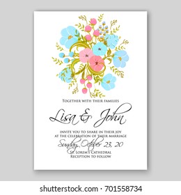 Romantic pink peony bouquet bride wedding invitation template design. Winter Christmas wreath of pink flowers and pine and fir branches. Ribbon
