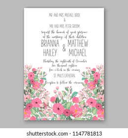 Romantic pink peony greenery bouquet bride wedding invitation template design. Vector floral template background for party celebration bridal baby shower anniversary congratulation greeting card