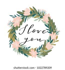 Romantic pink peony wreath with lettering - I love you'. Cute wedding invitation template design. Vector illustration for Valentine's day. Floral card.