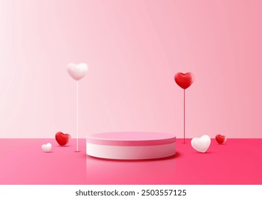 Romantic Pink Podium with Hearts on Soft Pink Backdrop, Perfect 3D Mockup for Love, Valentine’s Day, Wedding, and Product Display Showcase