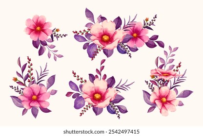 Romantic pink and purple watercolor floral arrangement decoration set, on a white background. This beautiful collection of watercolor flowers features elegant and aesthetic pink peonies