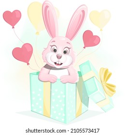 Romantic pink rabbit in a gift box with balloons