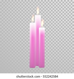 Romantic pink red candle flame burning. Aromatic candles vector decorative set. Vector 3D realistic isolated round cylindrical candle sticks glowing flames on transparent background. Decoration design