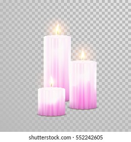 Quema romántico de llama de velas rojas. Conjunto decorativo vectorial de velas aromáticas. Vector 3D realista, aislado y redondo, de una vela cilíndrica, llama brillante sobre un fondo transparente. Diseño de la decoración