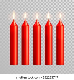 Romantic pink red candle flame burning. Aromatic candles vector decorative set. Vector 3D realistic isolated round cylindrical candle sticks glowing flames on transparent background. Decoration design
