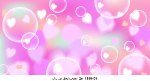 Um fundo de vetor de gradiente rosa e vermelho romântico com bolhas cardíacas luminosas e um efeito de bokeh sonhador. Esta ilustração vibrante e apaixonada é perfeita para projetos do Dia dos Namorados, casamento