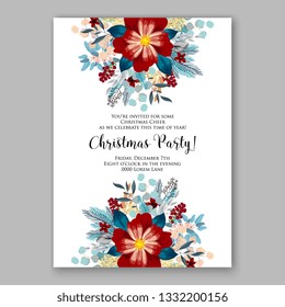 Romantic pink red peony bouquet bride wedding invitation template design. Winter Christmas wreath of pink flowers and pine and fir branches. 