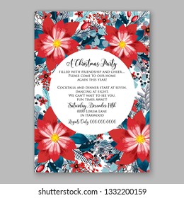 Romantic pink red peony bouquet bride wedding invitation template design. Winter Christmas wreath of pink flowers and pine and fir branches. 