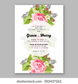Romantic pink rose bridal bouquet Wedding invitation template design