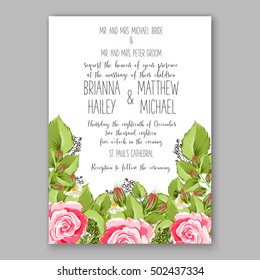 Romantic pink rose bridal bouquet Wedding invitation template design
