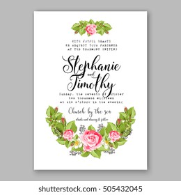 Romantic pink rose bridal bouquet Wedding invitation template design Romantic pink peony bouquet bride . Winter Christmas wreath of pink flowers and pine and fir branches. Ribbon mason jar