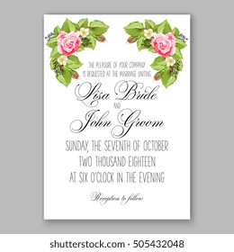 Romantic pink rose bridal bouquet Wedding invitation template design Romantic pink peony bouquet bride . Winter Christmas wreath of pink flowers and pine and fir branches. Ribbon mason jar