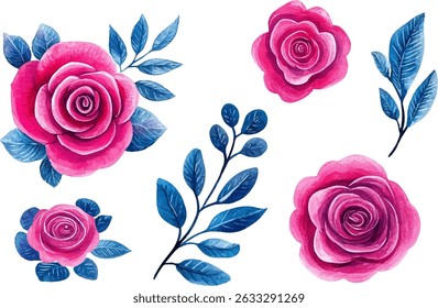 Romantic Pink Rose Flowers Watercolor Botanical Design