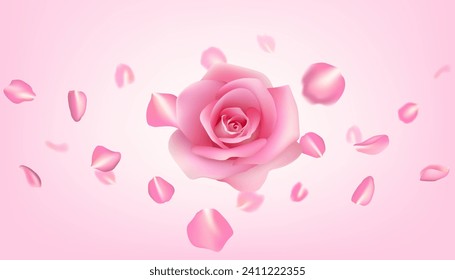 A romantic pink rose realistic illustration, with flying petals. The realistic Valentine's Day design an ideal choice for cards, invitations, perfume commercial and decorative themes. Not AI.