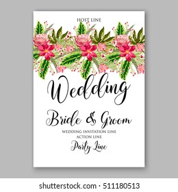 Romantic pink rose and red hibiscus with tropical palm leaf wreath  wedding invitation template design. 