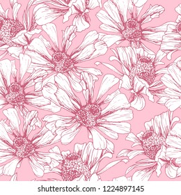 Romantic Pink Seamless Pattern for Valentines Day Holiday Wrapping Paper Design. Vector Feminine Floral Wallpaper Template with Helenium Autumnale Flower