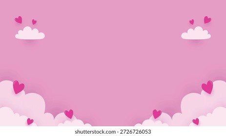 Romantic pink sky background with floating hearts and fluffy white clouds suitable for Valentine's Day, love themed banners, and romantic greetings.