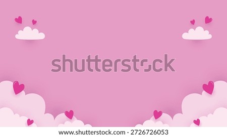Romantic pink sky background with floating hearts and fluffy white clouds suitable for Valentine's Day, love themed banners, and romantic greetings.