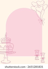 Romantic pink template with birthday cake, heart balloons, and glasses with bows. Perfect for invitations, greeting cards, wedding or anniversary designs.
