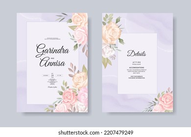 romantic pink wedding invitation card with beautiful floral and leaves template Premium Vector
