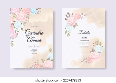 romantic pink wedding invitation card with beautiful floral and leaves template Premium Vector
