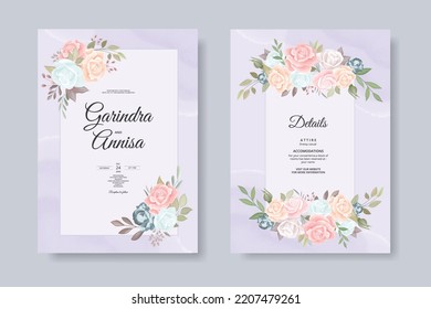 tarjeta de invitación romántica de boda rosa con floral hermosa y hoja plantilla Vector Premium
