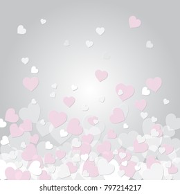 Romantic pink white and grey overlapping background. Abstract vector illustration for holiday design. Flying hearts on light backdrop for wedding invitation card, valentine's day.