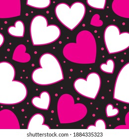 Romantic pink and white hearts on black background seamless pattern. Vector illustration.