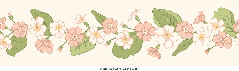 Romantic pink and white primrose floral trellis vector seamless horizontal border. Delicate nostalgic vintage spring garden print in cottagecore style.