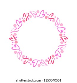 Romantic pink wreath with colorful elements. Hand drawn hearts and circles in round frame. Wreath for Saint Valentine Day, wedding invitations, greeting cards, hen-party, quotes, blogs, poster. Vector