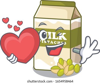 Romantic pistachio milk cartoon picture holding a heart