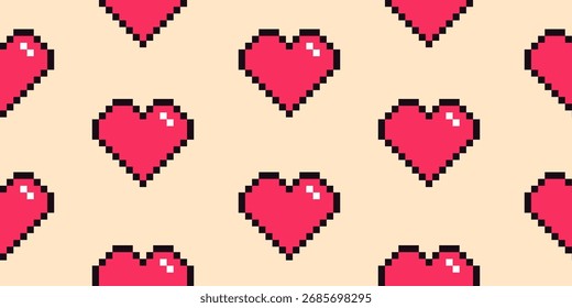 Romantic pixel art seamless pattern with 8-bit heart shape. Retro love nostalgic background for Valentine’s Day.