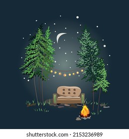 romantic place. night in a pine forest. sofa near the fire. lights and starry sky