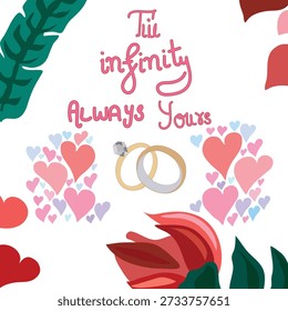 Romantic Valentine’s placement print with bold red roses, banana leaf accents, hearts, and wedding rings. Hand-lettered “Till infinity, always yours” adds an elegant proposal and wedding theme.