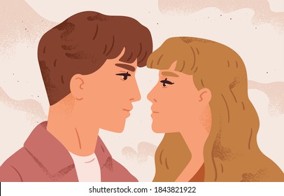 Romantic portrait of couple looking at each other. Man and woman in love together. Scene of passion and tenderness. Flat vector cartoon illustration of lovers first kiss