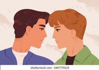 Retrato romántico de pareja homosexual enamorada. Jóvenes mirándose. Concepto de ternura, romance y pasión en la relación. Ilustración de dibujos animados de vector plano