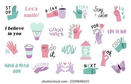 Romantic positive sticker pack with messages and cute elements. Perfect for print, greeting card, stationery