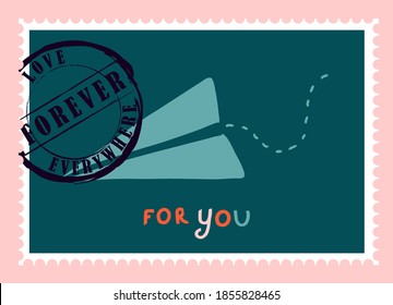 sellos de correo románticos. sobres y tarjetas para el día de San Valentín. Vista descendente. Ilustración vectorial moderna para diseño web e impresión. Sellos retro. Concepto de correspondencia y envío postal.