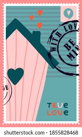 sellos de correo románticos. sobres y tarjetas para el día de San Valentín. Vista descendente. Ilustración vectorial moderna para diseño web e impresión. Sellos retro. Concepto de correspondencia y envío postal.